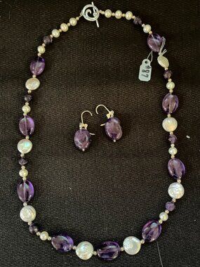 NWT Sterling Silver amethyst, freshwater pearl necklace & earrings